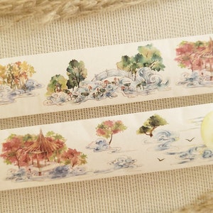 Design Washi Tape Landscape - Azja, Japonia, bajki, woda, most, natura, drzewa, księżyc, ptaki, scrapbooking, rękodzieło, taśma klejąca, materiał