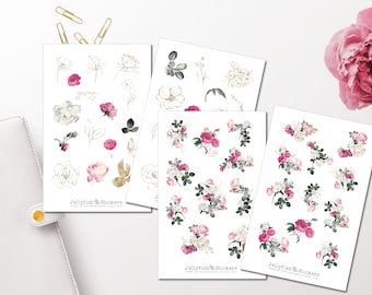 Rose Garden Sticker Set - Journal Stickers, Planner Stickers, Flower Stickers, Floral Stickers, Nature Stickers, Gold Effect, Rose Stickers