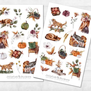 Autumn Sticker Set - Stickers, Journal Stickers, Planner Stickers, Cozy, Garden, House, Apartment, Pumpkin, Dog, Cat, Leaves, Flowers