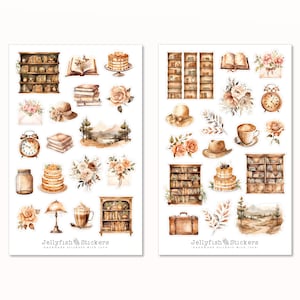 Ensemble d'autocollants pour livres - Apprendre à lire des livres Autocollants d'étude scolaire Journal Planificateur Rat de bibliothèque Bibliothèque Maison Fleurs Plantes Gâteau Café