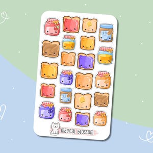 May include: A sticker sheet with cartoon illustrations of toast, jam jars, and peanut butter jars. The toast slices are various shades of brown and yellow. The jam jars contain red, purple, and orange jam. The text "magical blossom" is at the bottom.