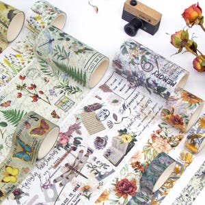 Pudełko z taśmą Washi - 37 rolek - Kwiaty, Rośliny, Owady, Motyl, Natura, Vintage, Taśma klejąca, Rękodzieło, Scrapbooking, Zestaw