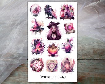 May include: A sheet of 12 stickers featuring a witchy theme. The stickers are illustrated in a watercolor style with pink, purple, and black colors. The stickers feature a witch, a cat, a cauldron, a lantern, a crystal ball, and other witchy items. The text "WICKED HEART" is printed at the bottom of the sheet.