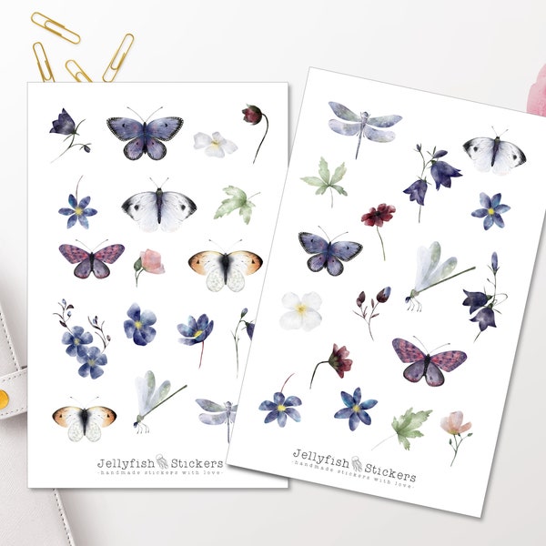 Butterflies Sticker Set - Journal Stickers, Planner Stickers, Insects, Nature, Colorful Stickers, Flowers, Garden, Memory Planner, Dragonflies