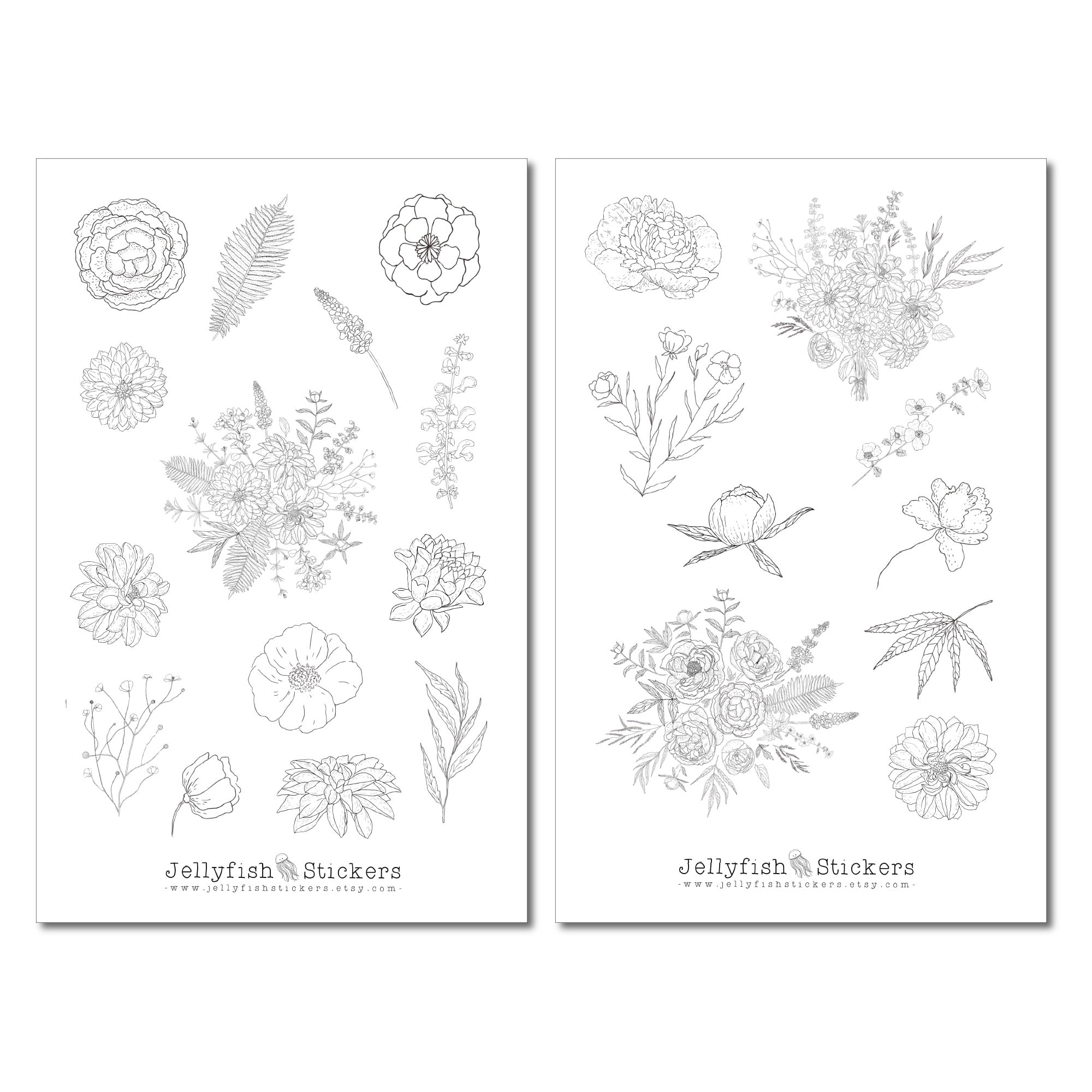Flower Sticker Set - Black and White Floral Stickers Journal Stickers ...