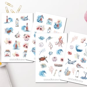Maritim aquarelstickerset - sticker zeedagboeksticker sticker anker, schelpen, strand, zee, vakantie, meer