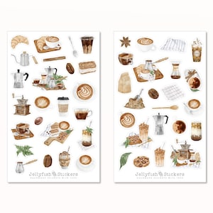 Könnte beinhalten: Zwei Bögen mit Aquarell-Aufklebern, die Kaffeemotive wie Espressokocher, verschiedene Kaffeegetränke in Tassen und Gläsern, Kaffeebohnen, Gebäck und Holzbretter zeigen, mit dem Text Jellyfish Stickers am unteren Rand.