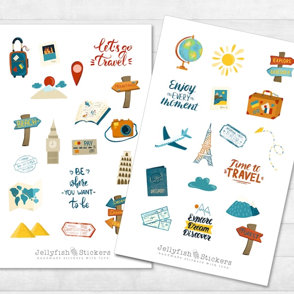 Reisen Sticker Set - Aufkleber, Journal Sticker, Sticker Urlaub, Sommer, Reisetagebuch, Stempel, Ausflug, Wochenende, Sehenswürdigkeiten