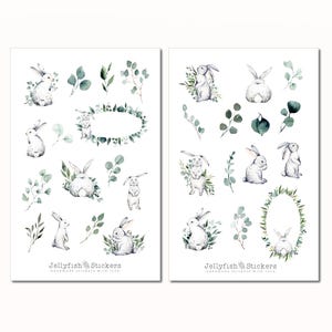 Hasen und Eukalyptus Sticker Set - Journal Sticker, Planer Sticker, Hase, Ostern, niedlich, süß, Blumen, Feiertage, Natur, Garten, Pflanzen