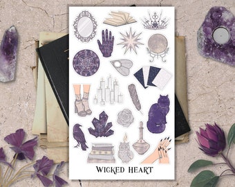 Hoja de pegatinas de brujas: pegatinas, magia, hechizos, libro de brujas, cartas del tarot, vampiros, góticos, gatos, Halloween, velas, vudú, libros