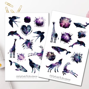 Dieren Silhouetten Galaxy Sticker Set - Stickers Dieren Journal Stickers Dieren Stickers Planner Stickers Ruimte, Ruimte Sticker Vel