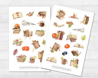 Autumn Book Sticker Set - Stickers, Journal Stickers, Planner Stickers, Reading Stickers, Book, Cozy, Home, Letters, Leaves, Writing