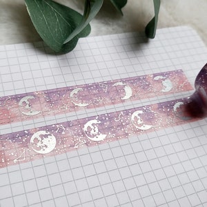 Washi Tape Moon - plata, estrellas, zodíaco, acuarela, degradado, rosa, magia, bruja