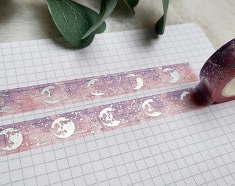 Washi Tape Mond - Silber, Sterne, Sternzeichen, Aquarell, Farbverlauf, rosa, Magie, Hexe