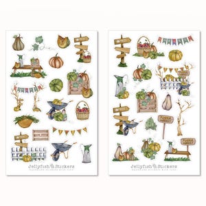 Ensemble d’autocollants de jardin de citrouille - Autocollants de journal, autocollants de planificateur, automne, Halloween, nourriture, cuisine, légumes, feuille d’autocollants, récolte, ferme