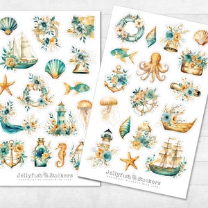 Maritieme stickerset - zeestickers, dagboekstickers, stickers zeedieren, schelpen, strand, vuurtoren, vakantie, zomer, kwallen, turkoois