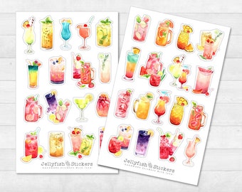 Sommer Cocktails Sticker Set - Bunte Aufkleber, Journal Sticker, Planer Sticker, Sticker Sommer, Party, Getränke, Rezepte, Früchte, Bar