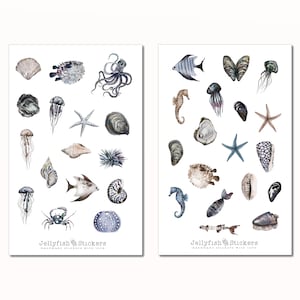 Maritieme stickerset - zeestickers, dagboekstickers, stickers met schelpen, strand, vissen, stenen, vakantie, kwallen, zeedieren, krabben en water