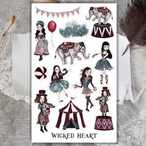 Feuille d’autocollants Dark Circus - Autocollants, Magie, Sorts, Livre de sorcière, Fille, Magique, Éléphant, Lapin, Effrayant, Diseuse de bonne aventure, Danseur, Clown