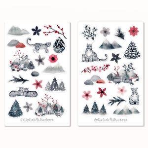 Puede incluir: Dos hojas de pegatinas con ilustraciones de acuarela de leopardos de las nieves, montañas, árboles y flores. Las pegatinas están etiquetadas como "Jellyfish Stickers" y "Handmade Stickers with Love".