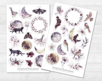 Moon and Flowers Sticker Set - Journal Stickers, Planner Stickers, Stickers, Forest, Cat, Bird, Plants, Blossoms, Night, Insects, Moth
