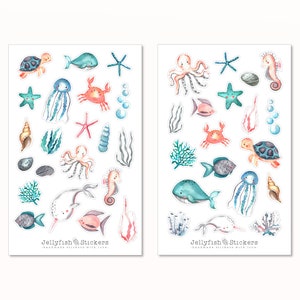Ensemble d'autocollants de créatures marines mignonnes - autocollants de mer, autocollants maritimes, coquillages, plage, mer, vacances, lac, baleine, méduse, crabe, sous-marin