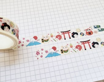 Washi Tape Japón - Elementos, Viajes, Vacaciones, Asia, Gato de la Suerte, Templo, Monte Fuji, Geisha, Fuegos Artificiales, Flores de Cerezo, Koi