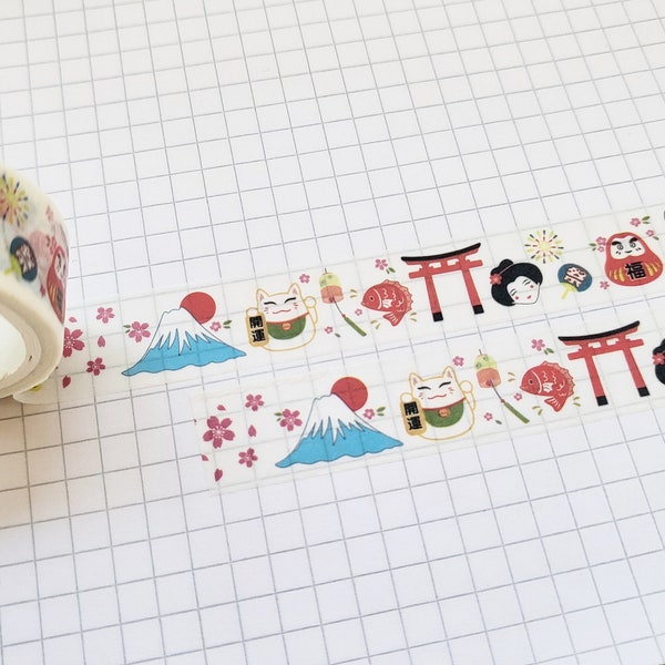 Washi Tape Japon - Éléments, Voyage, Vacances, Asie, Chat porte-bonheur, Temple, Mont Fuji, Geisha, Feux d'artifice, Fleurs de cerisier, Koi