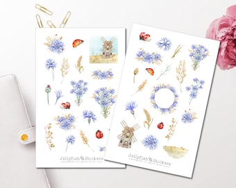 Wheat and Cornflower Sticker Set - Journal Stickers, Planner Stickers, Ladybugs, Nature, Field, Spring, Summer, Plant Sticker Sheet