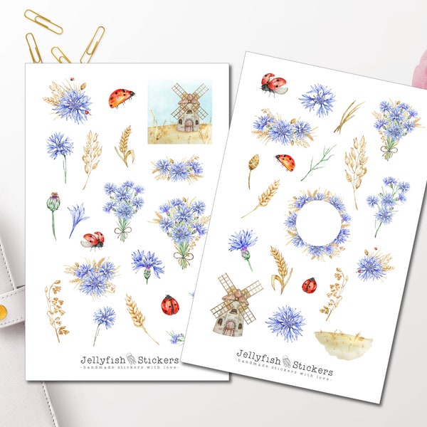 Weizen und Kornblumen Sticker Set - Journal Sticker, Planer Sticker, Marienkäfer, Natur, Feld, Frühling, Sommer, Pflanzen Sticker Sheet