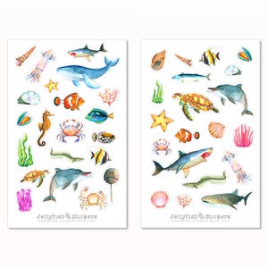 Meerestiere Sticker Set - Aufkleber Meer, Journal Sticker, Sticker Maritim, Meer, Urlaub, Wal, Qualle, Delfin, Fische, Hai, Schildkröte