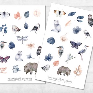 Winter Waldtiere Sticker Set - Aufkleber, Journal Sticker, Planer Sticker, Sticker Fuchs, Tiere, Vögel, Blumen, Bär, Insekten, blau, rosa