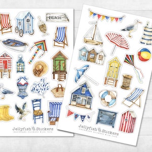 Conjunto de pegatinas marítimas de vacaciones de verano - pegatinas de mar, pegatinas de diario, pegatinas de gaviota, sillas de playa, vacaciones, verano, playa, faro, paseo marítimo