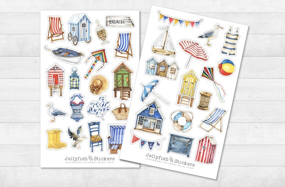 Sommer Watercolor Sticker Set – Meer-Motive (Anker, Muscheln, Strand) Für Journal, Scrapbooking