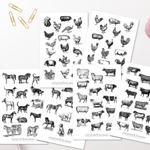 Vintage Farmtiere Sticker Set - Aufkleber, Journal Sticker, Sticker schwarz weiß, Farm, Tiere, Kuh, Schwein, Hund, Katze, Schaf, Pferd, Tier