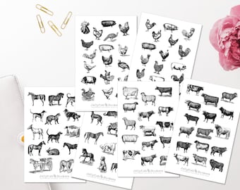 Vintage farm animals sticker set - stickers, journal stickers, stickers black and white, farm, animals, cow, pig, dog, cat, sheep, horse, animal