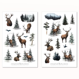 Hirsch Sticker Set - Journal Sticker, Planer Sticker, Aufkleber Wald, Natur, Tiere, Bäume, Vögel, Vogel, Landschaft, Geweih, Nacht, Tanne