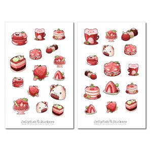 Ensemble d’autocollants de desserts aux fraises - Autocollants de nourriture et de boissons Autocollants de journal Autocollants de planificateur, Autocollant Café, Bonbons, Fraises, Pâtisseries, Gâteau