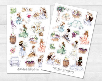 Girls Picnic Sticker Set - Journal Stickers, Planner Stickers, Decals, Stickers Summer, Nature, Garden, Green, Spring, Food and Drink