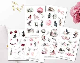 Forest and Moon Sticker Set - Stickers Journal Sticker Planner Sticker Animal Sticker, Floral Sticker, Autumn Sticker Sheet