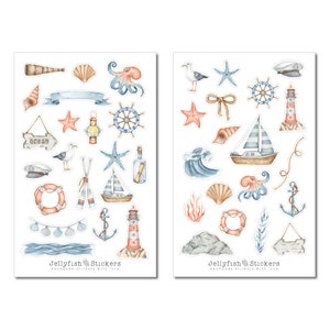 Maritime Sticker Set Sea Stickers, Journal Stickers, Sea Stickers, Beach, Holiday, Seagull, Lighthouse, Ship, Boat, Shells, Octopus image 2