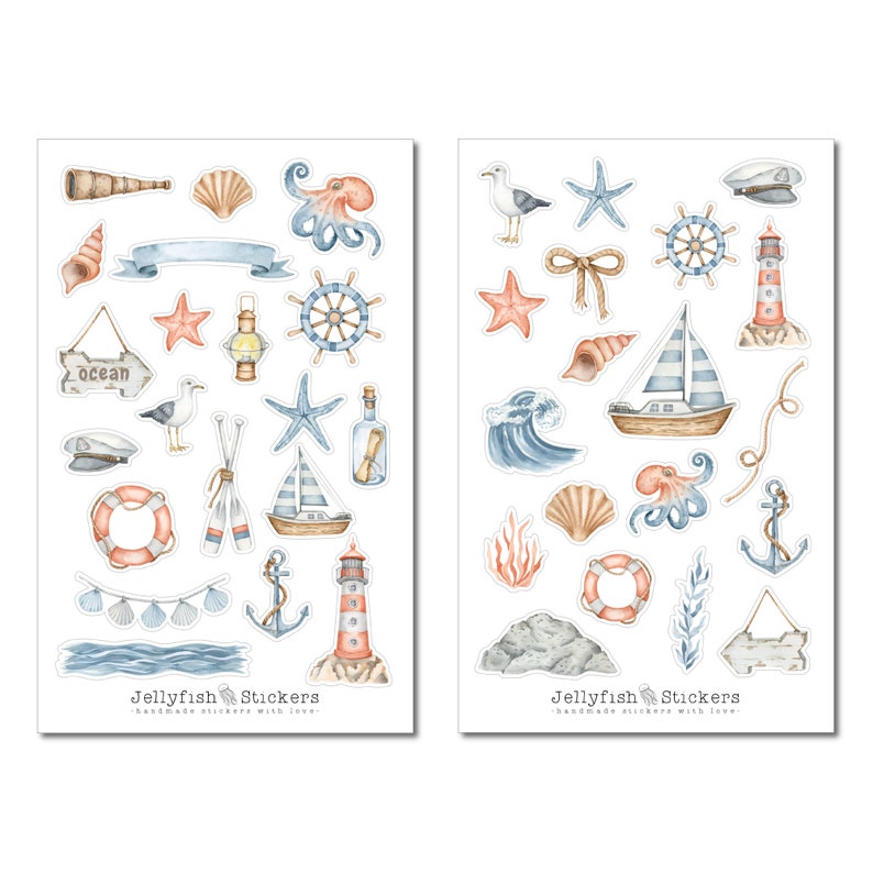 Maritime Sticker Set Sea Stickers, Journal Stickers, Sea Stickers, Beach, Holiday, Seagull, Lighthouse, Ship, Boat, Shells, Octopus image 2