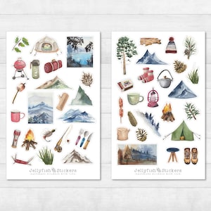 Conjunto de pegatinas de camping - Pegatinas de diario, pegatinas del planificador, pegatinas de senderismo, naturaleza, plantas, desierto, vacaciones, viajes, camping, acuarela, montañas