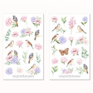 Set de pegatinas de pájaros: pegatinas para diario, pegatinas para planificador, naturaleza, jardín, hojas de pegatinas, accesorios, pájaros, flores, plantas, rosa, pastel