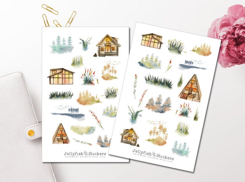 Forest Nature Sticker Set Journal Stickers, Planner Stickers, Trees, Houses, House, Flowers, Christmas Tree Sticker Sheet Accessories image 1