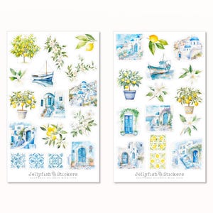 Juego de pegatinas de vacaciones: pegatinas para diario, planificador, pegatinas de verano, viajes, mar, playa, arena, Grecia, limones, frutas, azulejos, hoja de pegatinas