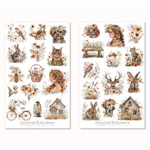 Set di adesivi Cottagecore - Adesivi per diario, adesivi per planner, adesivi estivi, ragazze, animali, fiori, piante da giardino, gatti, conigli, cani, cuccia