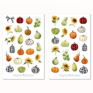 Conjunto de adesivos de abóbora - adesivos de diário, adesivos de planejador, outono, Halloween, comida, culinária, vegetais, folha de adesivos, girassol, colheita, quintal