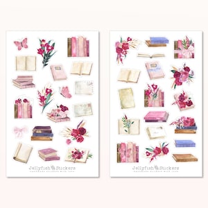 Ensemble d’autocollants de livres roses - Autocollants, autocollants de planificateur, autocollants de lecture, fleurs, rat de bibliothèque, rat de bibliothèque, bibliothèque, carte postale, écriture, apprentissage