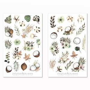Juego de pegatinas de coco: pegatinas de comida y bebida, pegatinas para diario, pegatinas para planificador, pegatinas de verano, frutas, comida, plantas, hojas y flores.